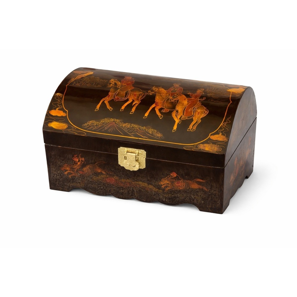 Vintage Japanese Chinese Lacquer Jewelry Box Horse Scene Brass Lock